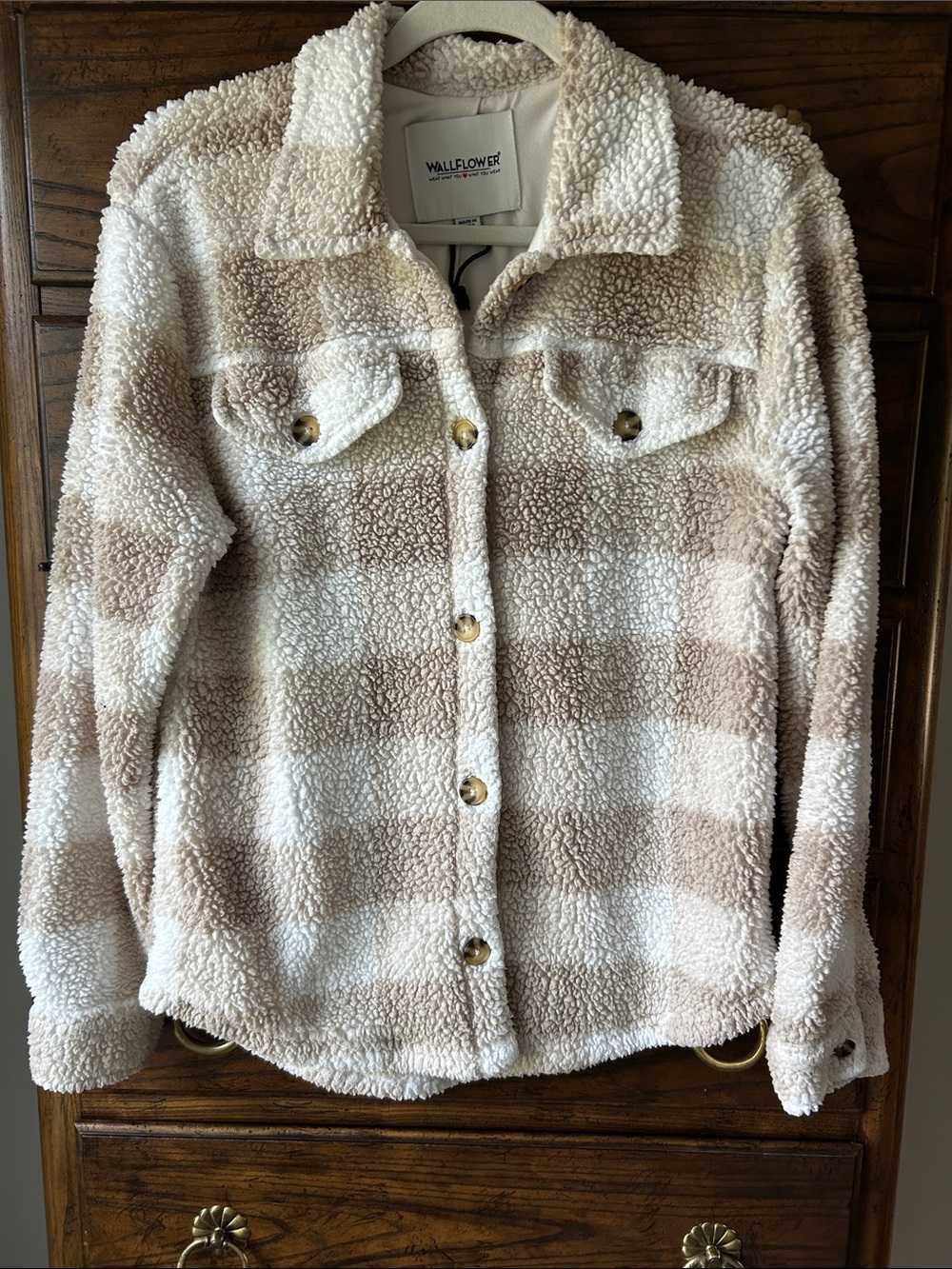 Wallflower Cream & Tan Plush Teddy Sherpa Button Jacket, Size S